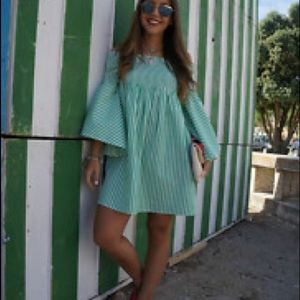 Zara green striped off the shoulder mini dress.
